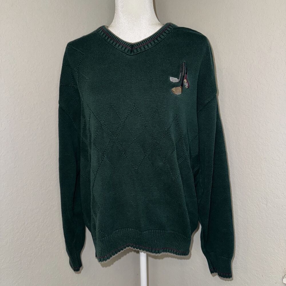 Pinnacle Golf Sweater Mens Large Green Argyle Cotton V-Neck Long Sleeve Pullover